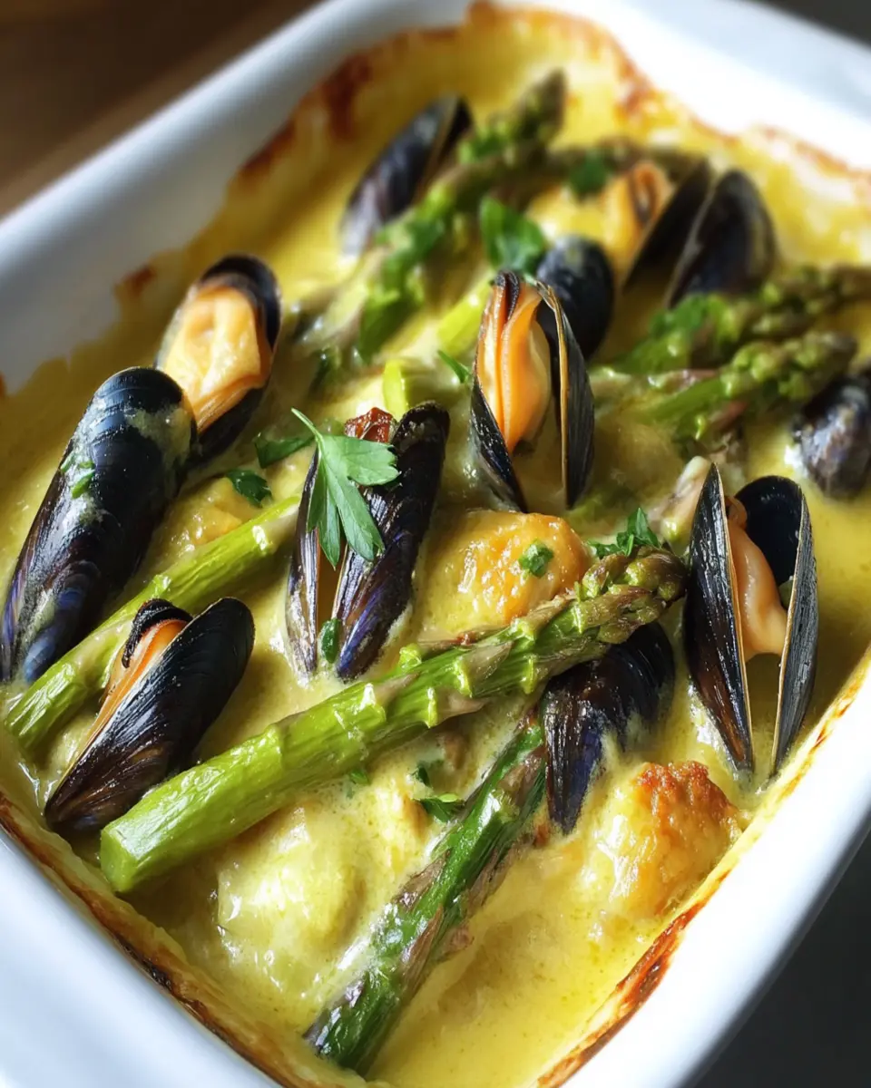 Gratin de espárragos verdes con mejillones y curry First Image First Image