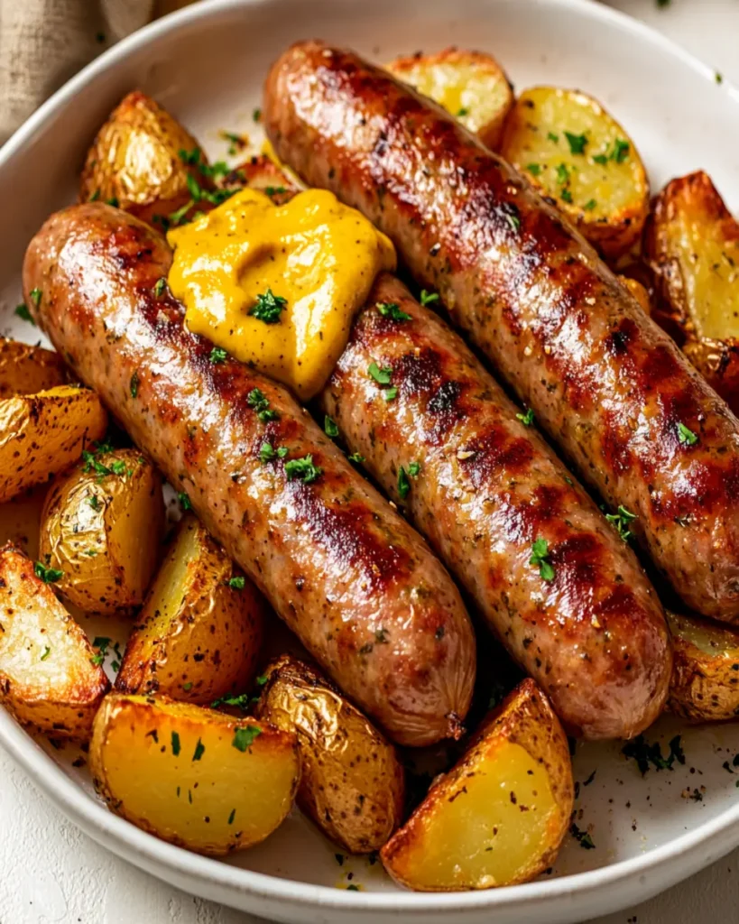 Salchichas al horno con papas y mostaza First Image First Image