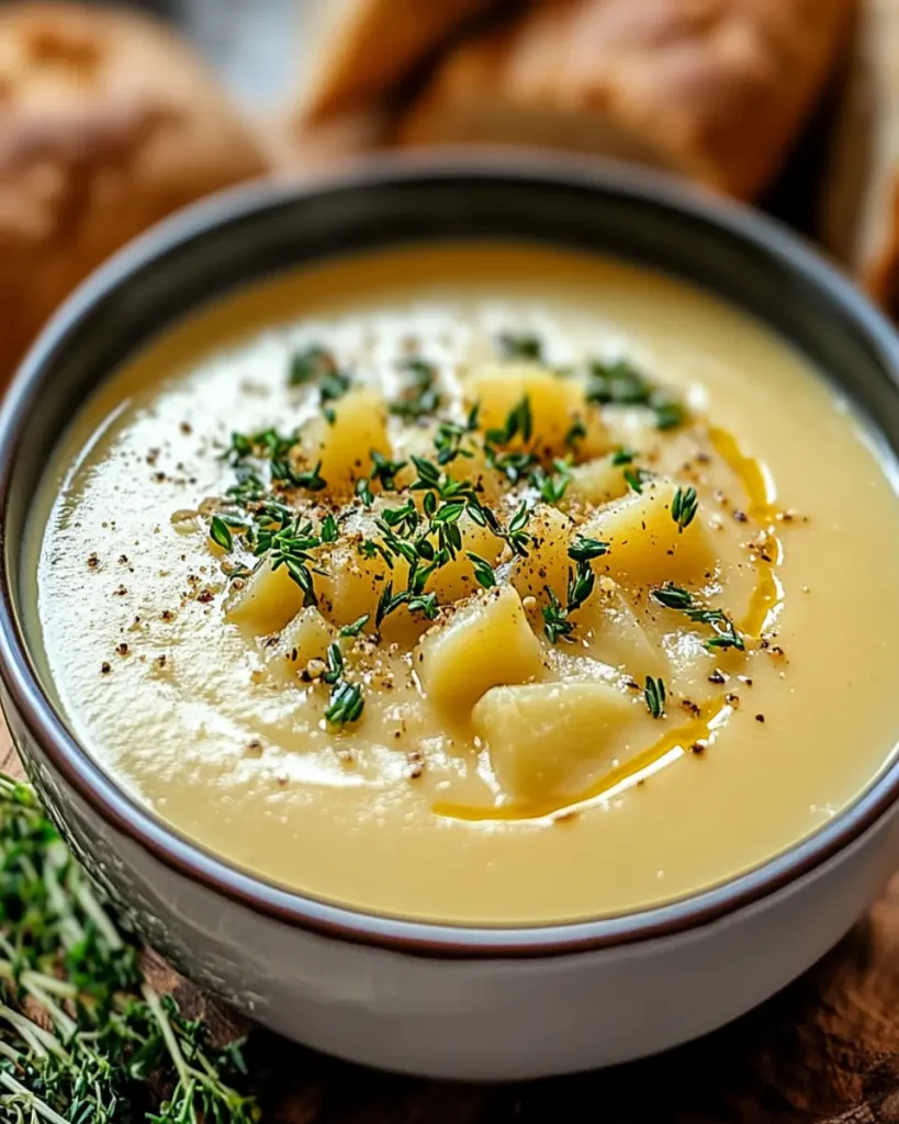 Sopa cremosa de papa con cheddar, ajo y hierbas First Image First Image