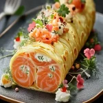Bûche de Crepe Rellena: Crema de Salmón Ahumado, Migas de Cangrejo y Gambas Festivas First Image First Image