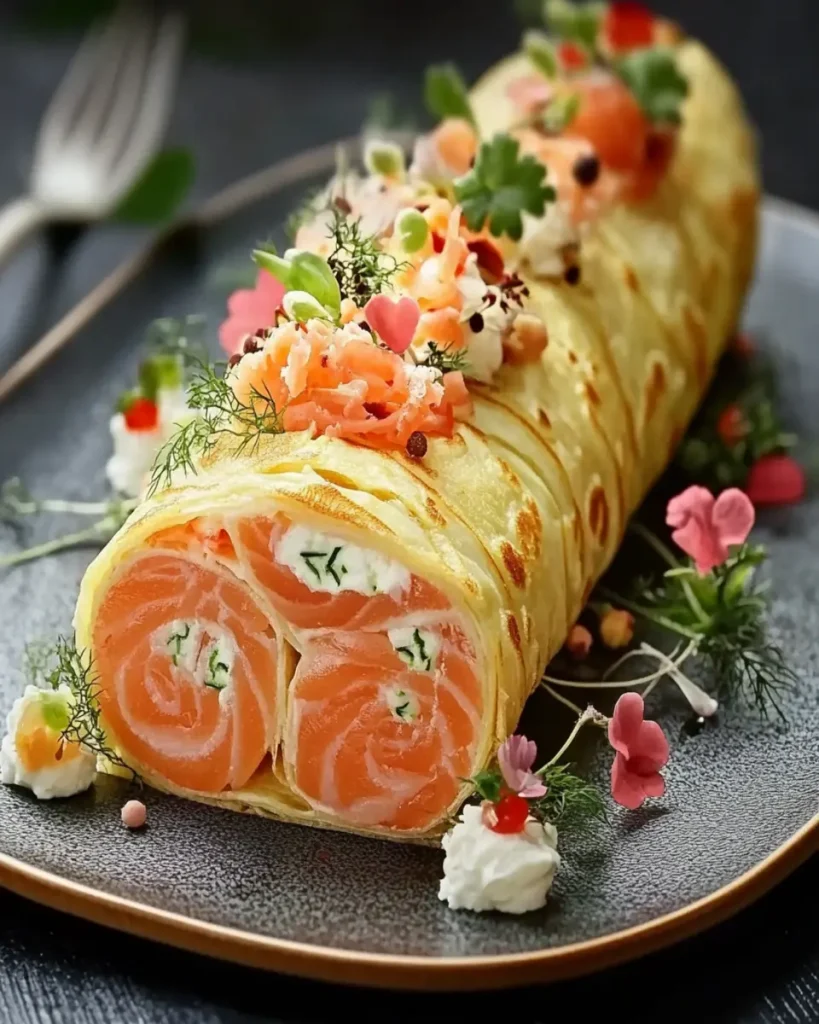 Bûche de Crepe Rellena: Crema de Salmón Ahumado, Migas de Cangrejo y Gambas Festivas First Image First Image