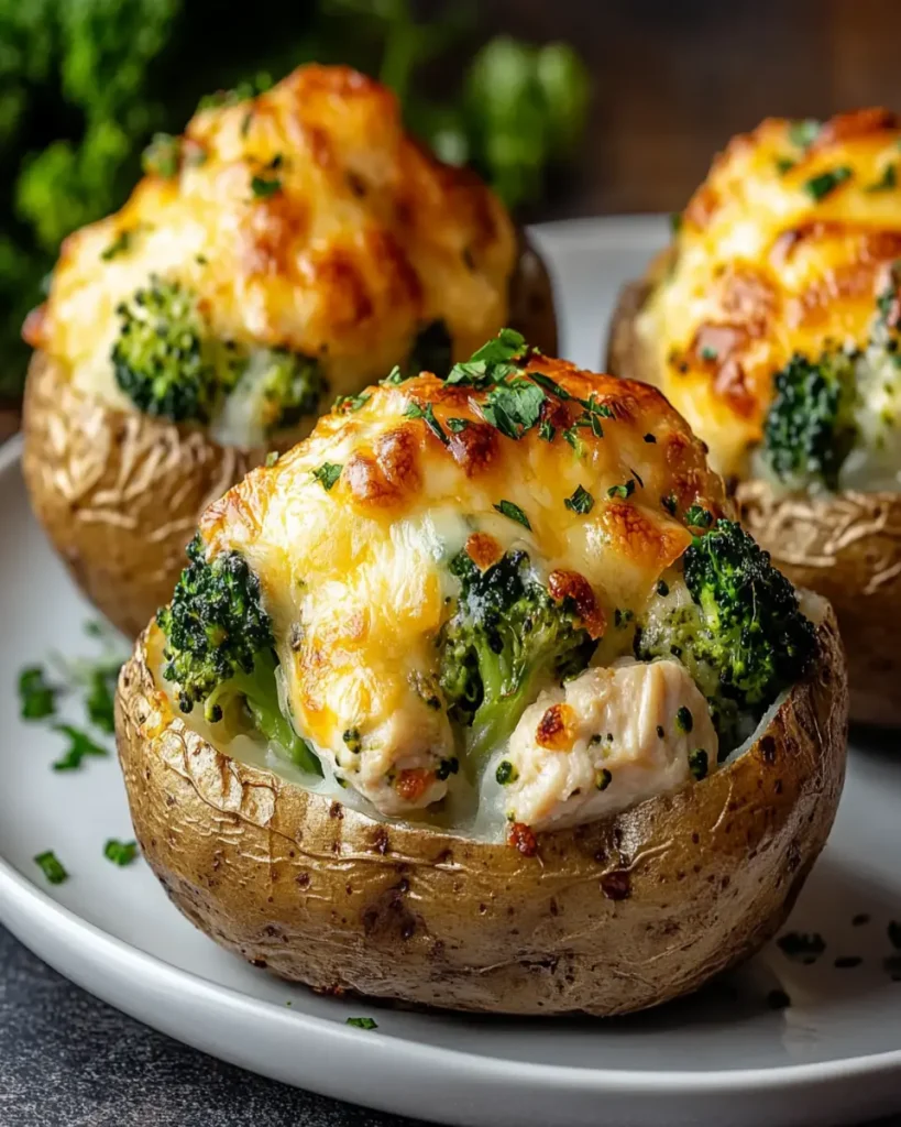 Papas rellenas de pollo, brócoli y queso cheddar First Image First Image