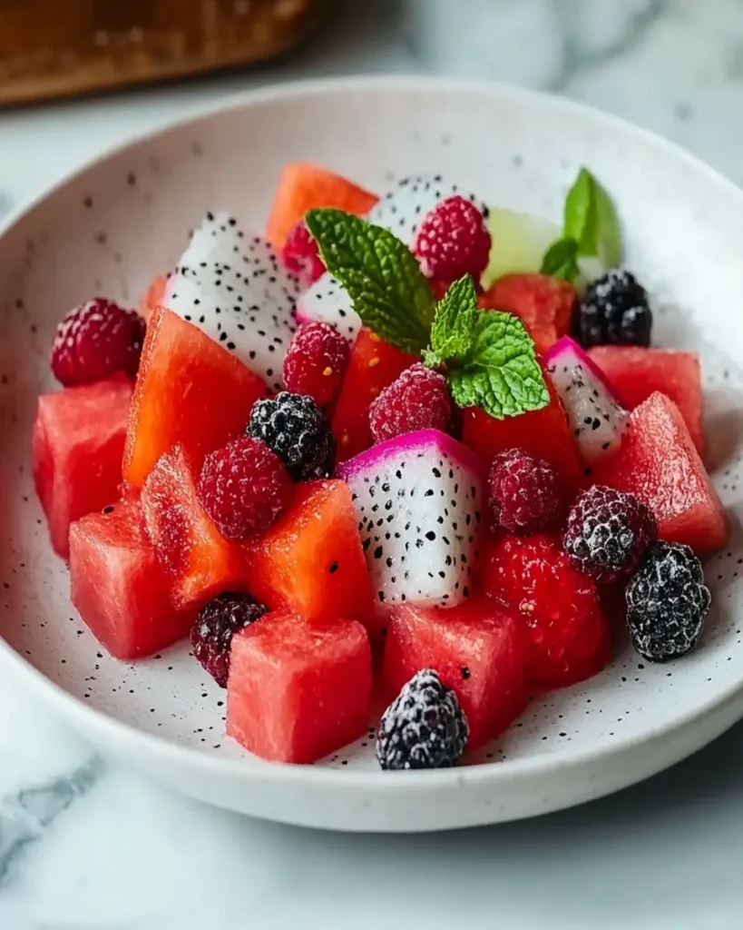 Ensalada Refrescante de Sandía, Frutas del Bosque y Pitaya First Image First Image