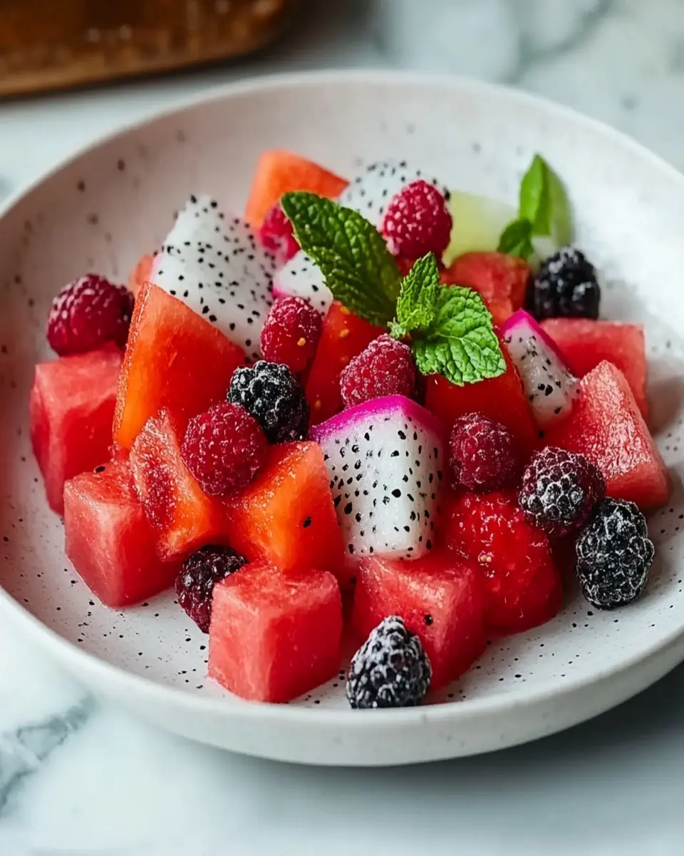 Ensalada Refrescante de Sandía, Frutas del Bosque y Pitaya First Image First Image