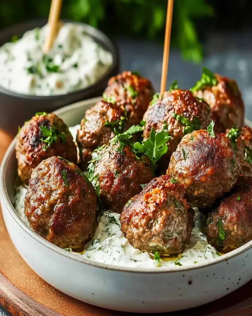 Albóndigas de Res al Estilo Griego con Tzatziki Cremoso de Tomate Seco First Image First Image