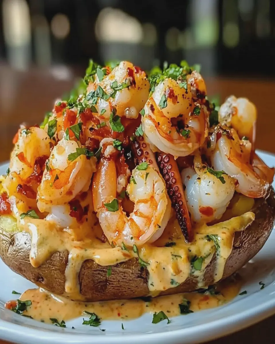 Papas al Horno Cargadas con Mariscos First Image First Image