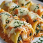 Rollos de Pasta Rellena de Camarones y Espinacas con Crema de Pimiento Rojo First Image First Image