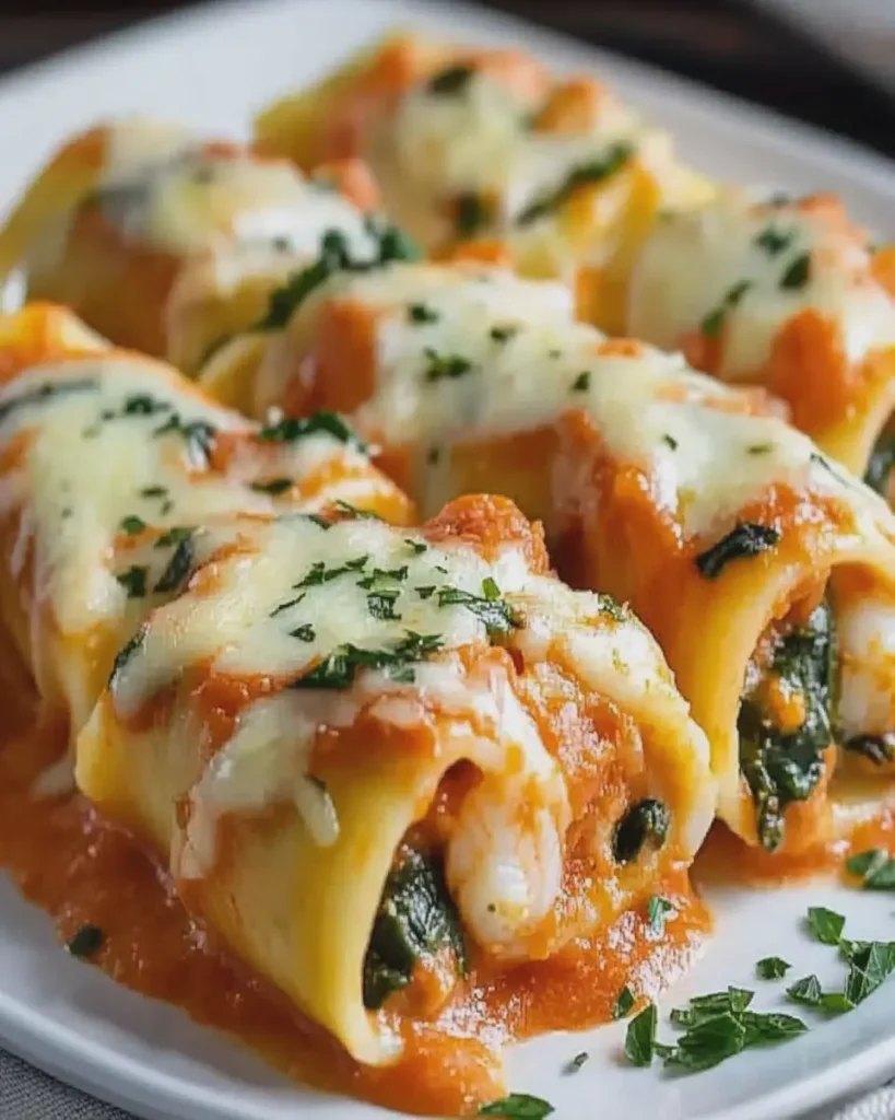 Rollos de Pasta Rellena de Camarones y Espinacas con Crema de Pimiento Rojo First Image First Image