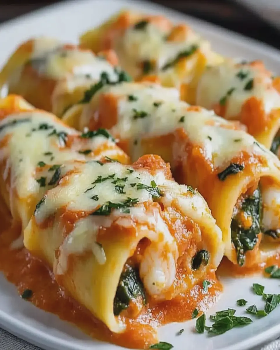 Rollos de Pasta Rellena de Camarones y Espinacas con Crema de Pimiento Rojo First Image First Image