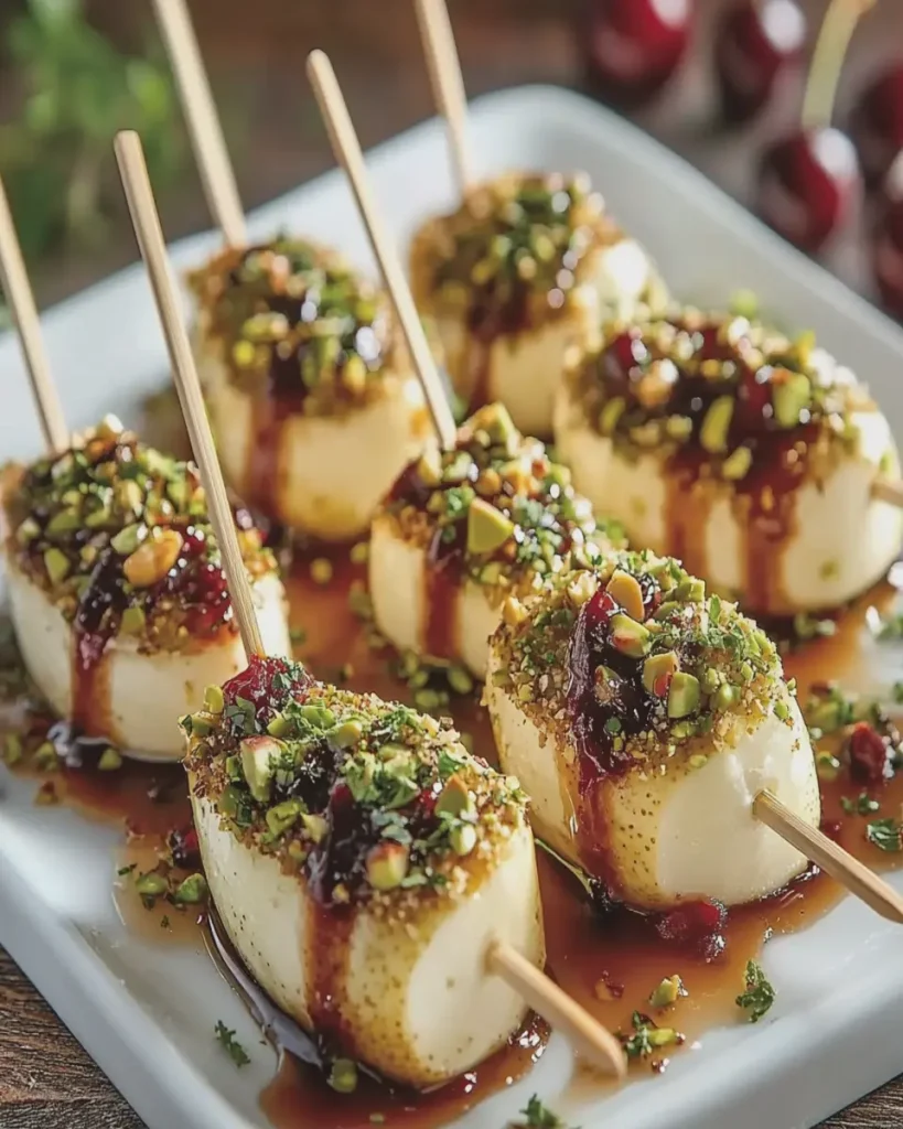 Brochetas de Pera con Costra de Pistacho y Brie Batido First Image First Image