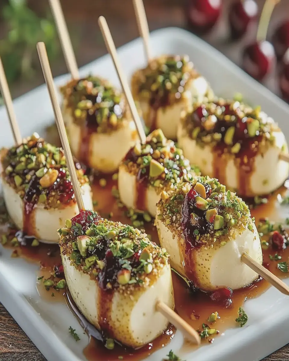 Brochetas de Pera con Costra de Pistacho y Brie Batido First Image First Image