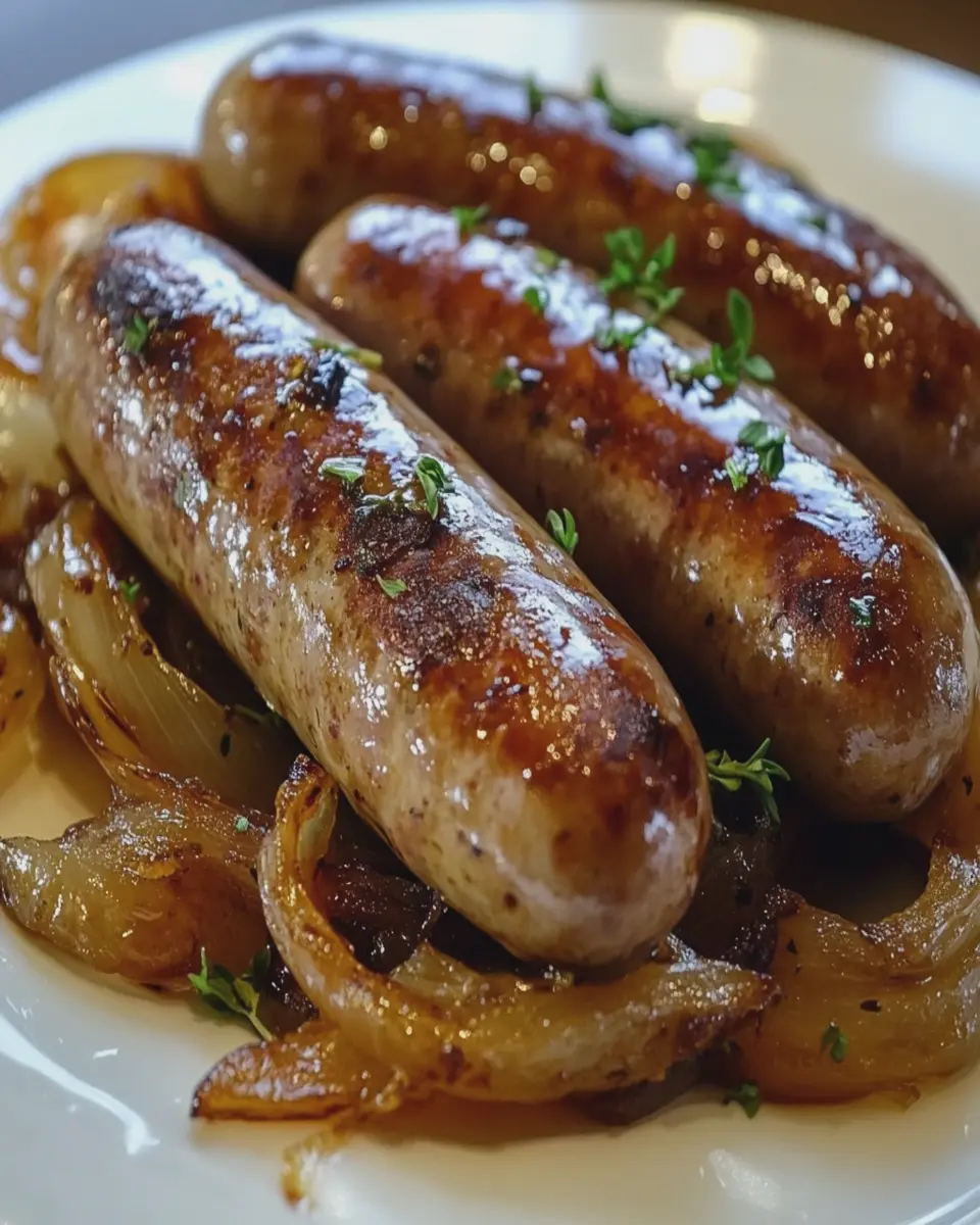 Bratwurst al Horno con Cerveza y Cebollas Caramelizadas First Image First Image
