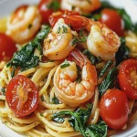 Pasta con Camarones, Espinacas y Tomate First Image First Image
