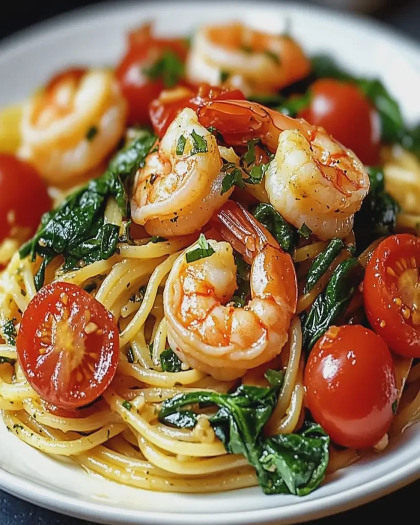 Pasta con Camarones, Espinacas y Tomate First Image First Image
